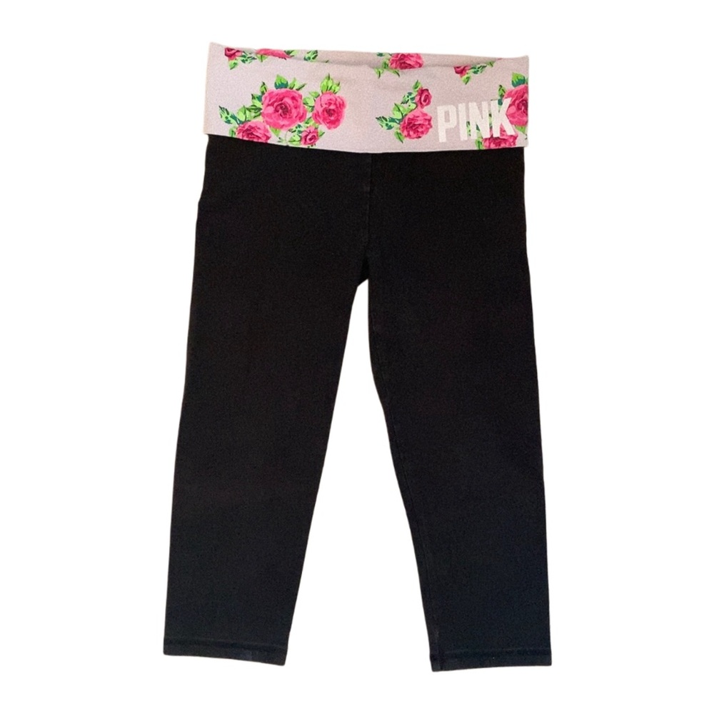 Y2K Victoria’s Secret Fold Over Waistband Leggings size XS Black and Pink Floral